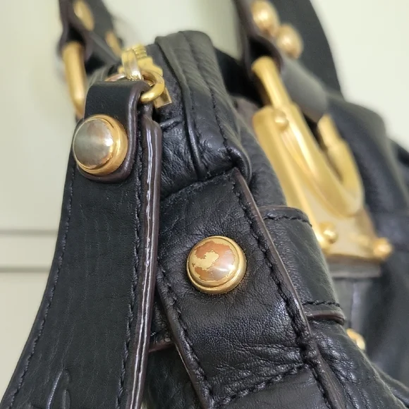 B. Makowsky Black Leather Shoulder Bag Satchel East West Gold Accent Zippers - Picture 4 of 16